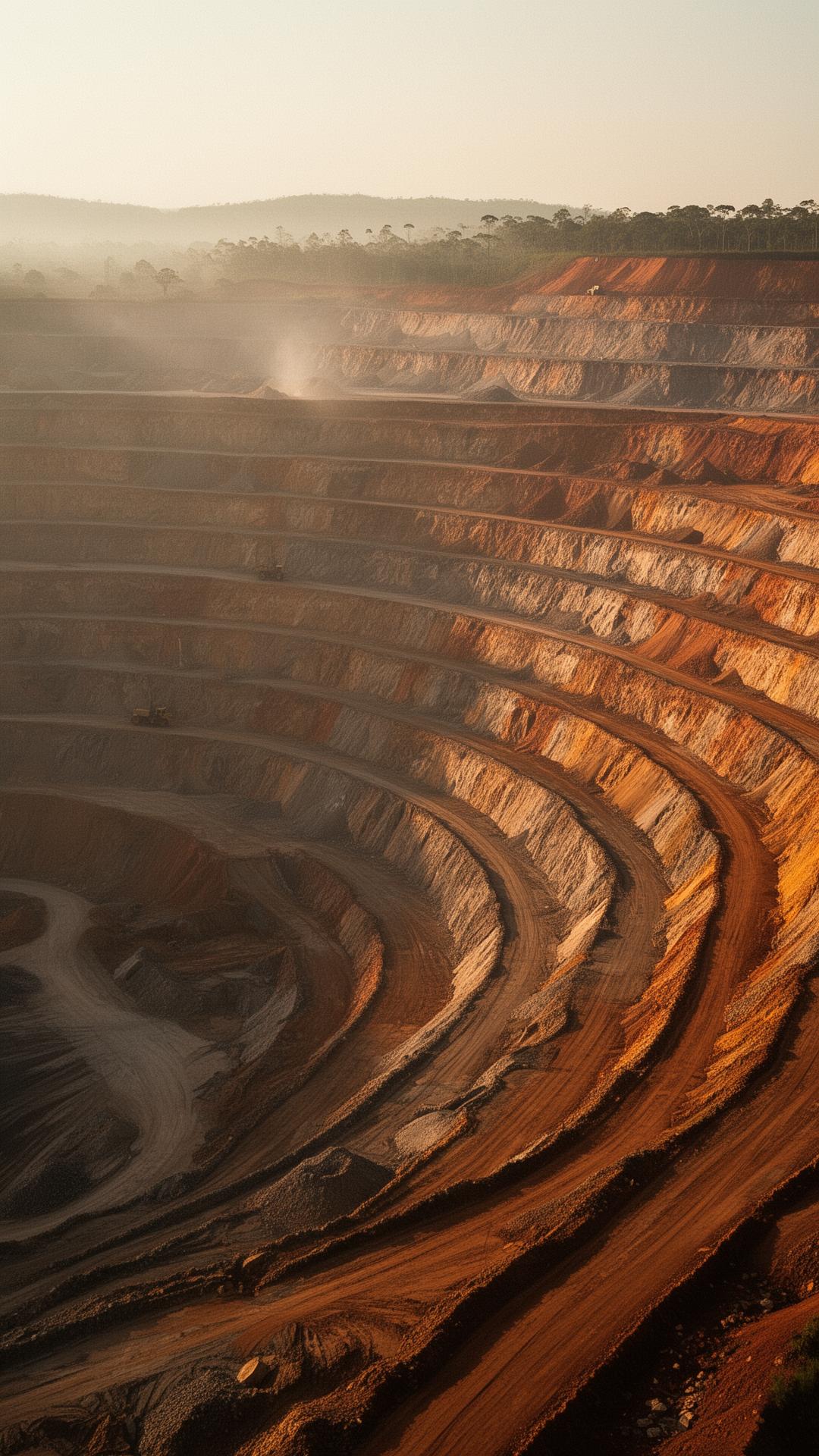 Aerial view of a Brazilian rare earth open-pit mine at golden hour